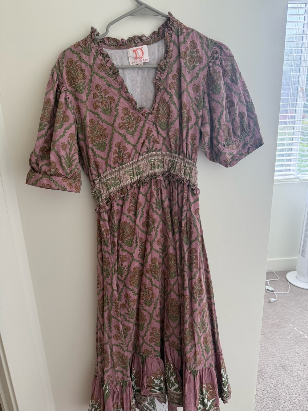 Victoria Dunn Mauve Floral Midi Dress with Olive Print